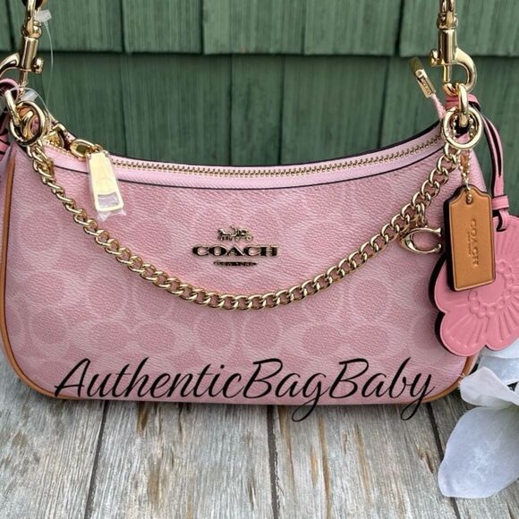 Coach Teri Shoulder Bag In Signature Canvas With Charms Powder Pink Purse - Picture 2 of 10